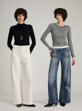 UTAOTUO设计感休闲口袋加绒高腰窄版直筒牛仔裤女不贴腿垂坠感