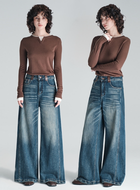 UTAOTUO【量感裤】松弛感美式高腰牛仔阔腿裤宽松拖地裤子长裤秋