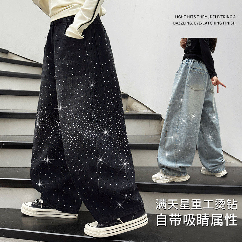 女童春夏款牛仔裤软牛仔女孩阔腿牛仔裤韩式烫钻直筒裤中大童裤秋图片
