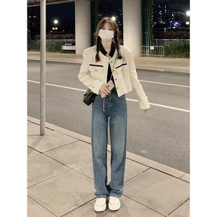 百搭高腰显瘦直筒阔腿裤 窄版 女秋冬大码 胖妹妹港风复古简约牛仔裤