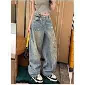 胖mm美式 春秋学生百搭宽松设计感拖地裤 泼墨涂鸦阔腿牛仔裤 女大码