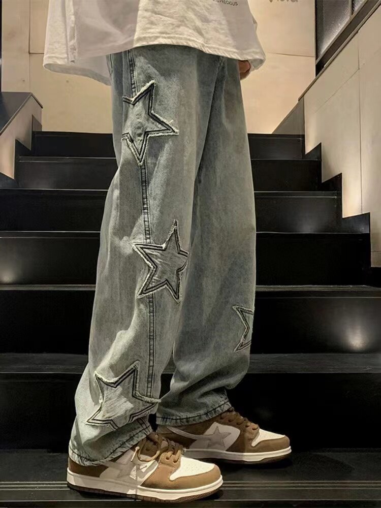 胖妹妹五角星直筒牛仔裤女大码春秋美式复古高街宽松高腰阔腿裤子,女装/女士精品,牛仔裤,淘宝优惠券,粉丝福利购,淘宝优惠卷