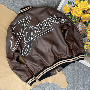 复古做旧真皮皮衣男茶芯头层小牛皮夹克宽松刺绣棒球服机车短外套