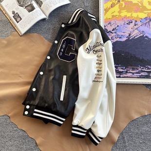 高端日系简约真皮皮衣男休闲百搭柔软小牛皮夹克刺绣黑白棒球服