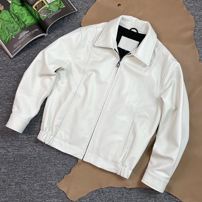 高级感皮衣白色真皮皮衣翻领