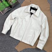 80年代高级复古皮夹克白色头层牛皮真皮皮衣港风宽松翻领外套男女