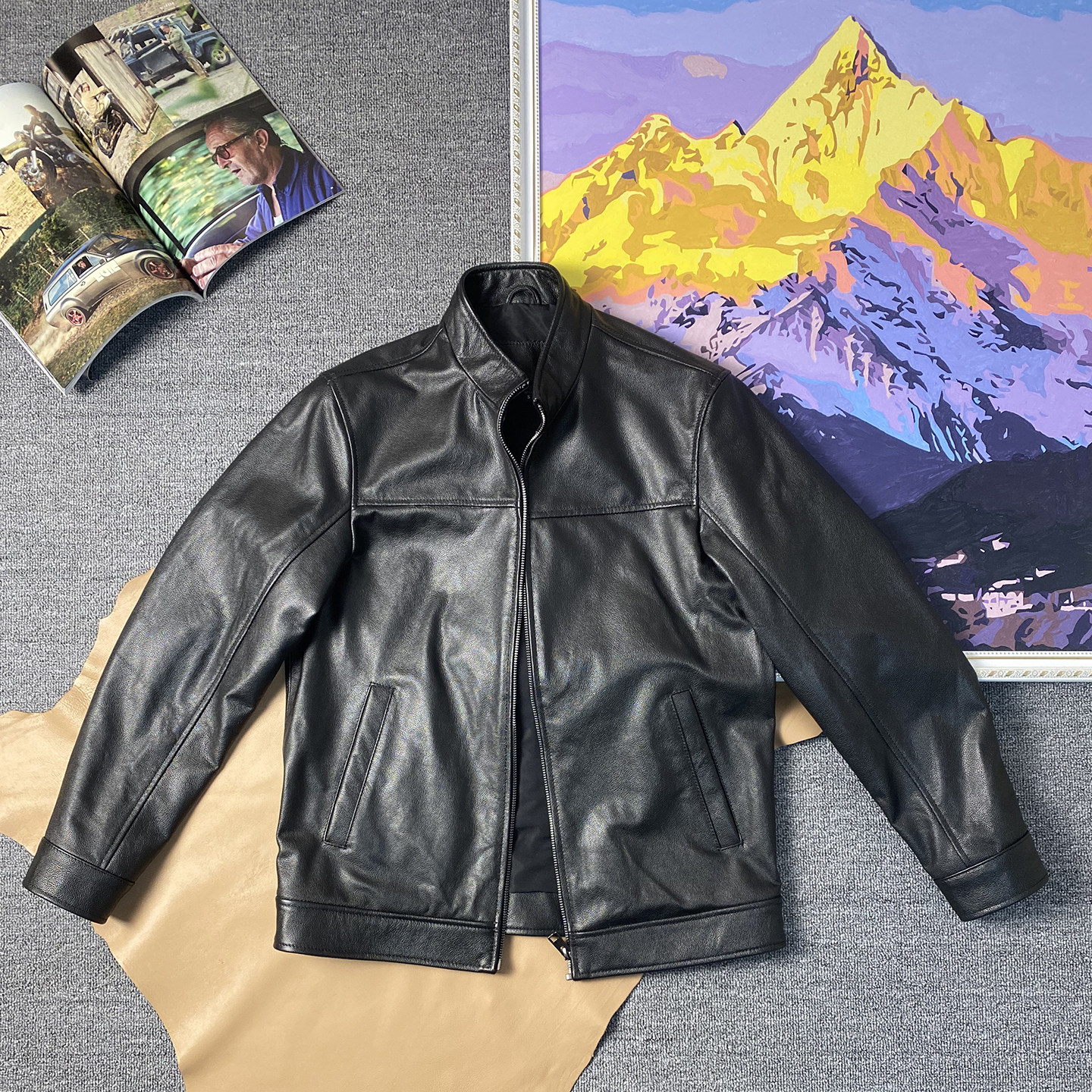 高档细腻柔软头层小牛皮夹克真皮机车外套立领皮衣修身骑行服男士