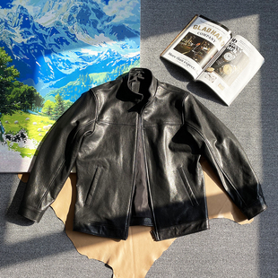 高端无涂全植鞣绵羊皮立领修身 机车皮衣商务真皮夹克骑行服外套男