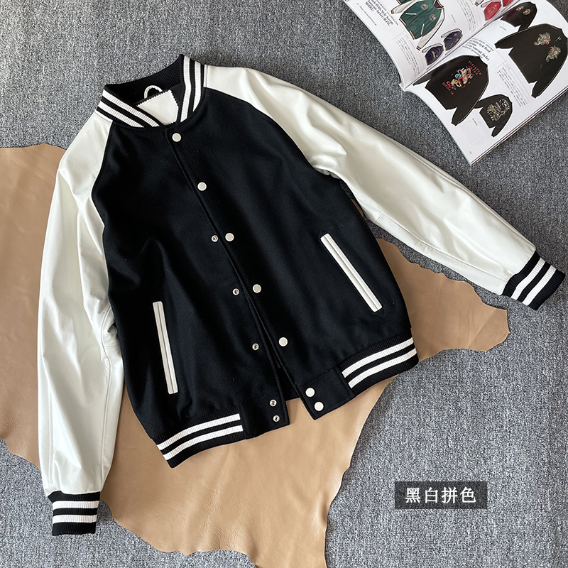 经典撞色棒球服小牛皮春秋宽松