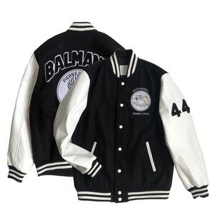 秋冬立领夹克男外套休闲真皮皮衣刺绣棒球服毛呢拼接牛皮短上衣潮