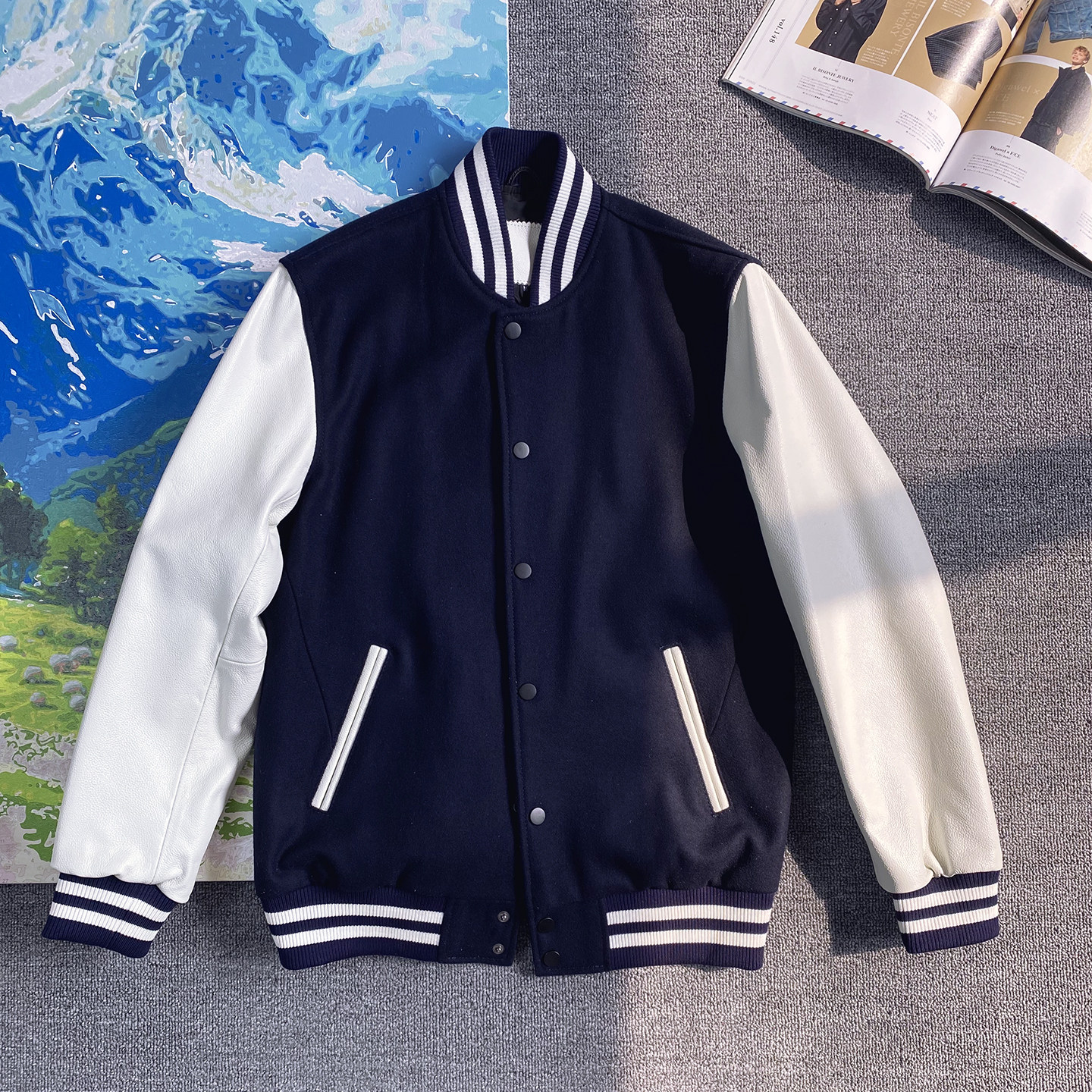 日系复古修身毛呢夹克真皮袖学院棒球服牛皮青年皮衣春秋外套男女