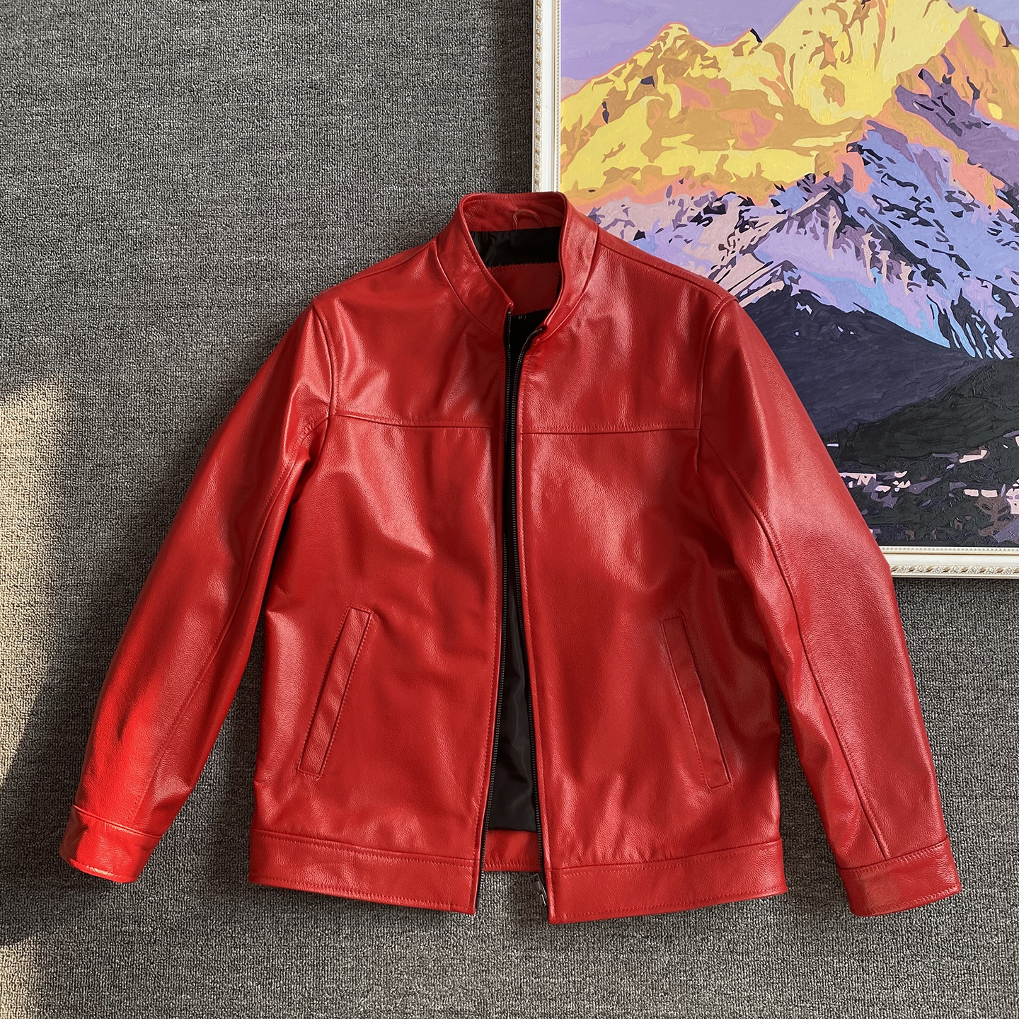 高档柔软头层小牛皮夹克日系真皮机车外套立领修身皮衣老钱风男