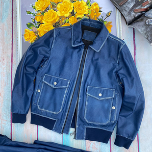 复古茶芯头层牛皮外套蓝染做旧真皮皮衣A2飞行服休闲男士 皮夹克潮