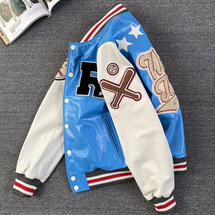 高端进口油蜡牛皮加棉保暖外套刺绣真皮皮衣机车夹克男女棒球服