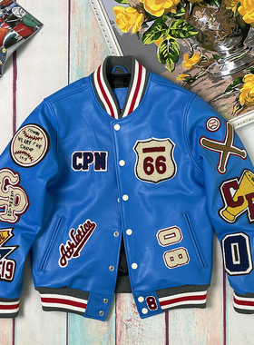 订单剩余仅20件！硬挺牛皮蓝色刺绣棒球服宽松机车夹克真皮皮衣男