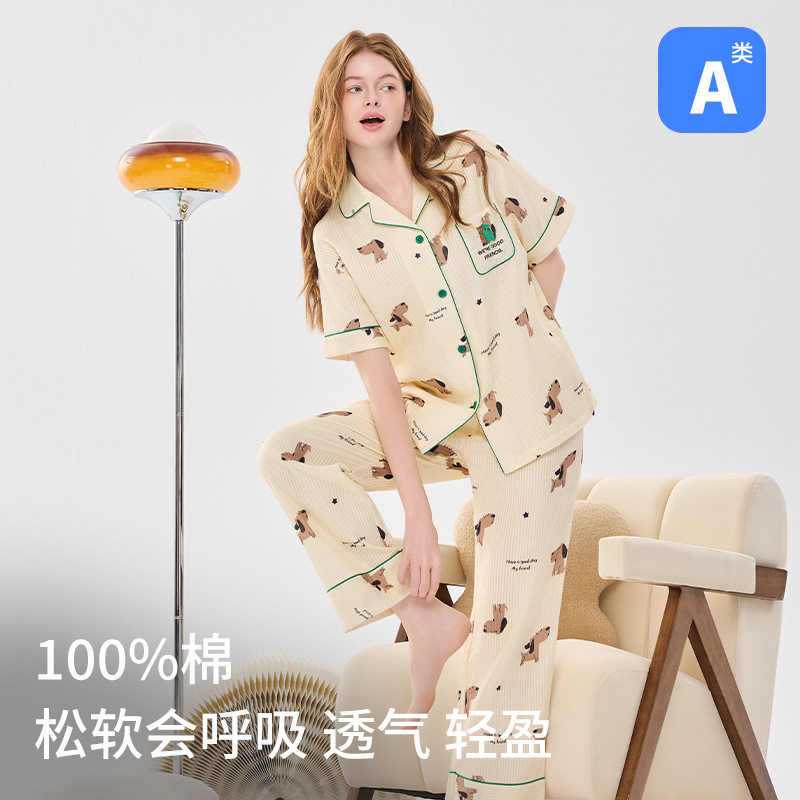 双层纱睡衣女春夏纯棉短袖长裤卡通印花长袖开衫家居服套装包邮