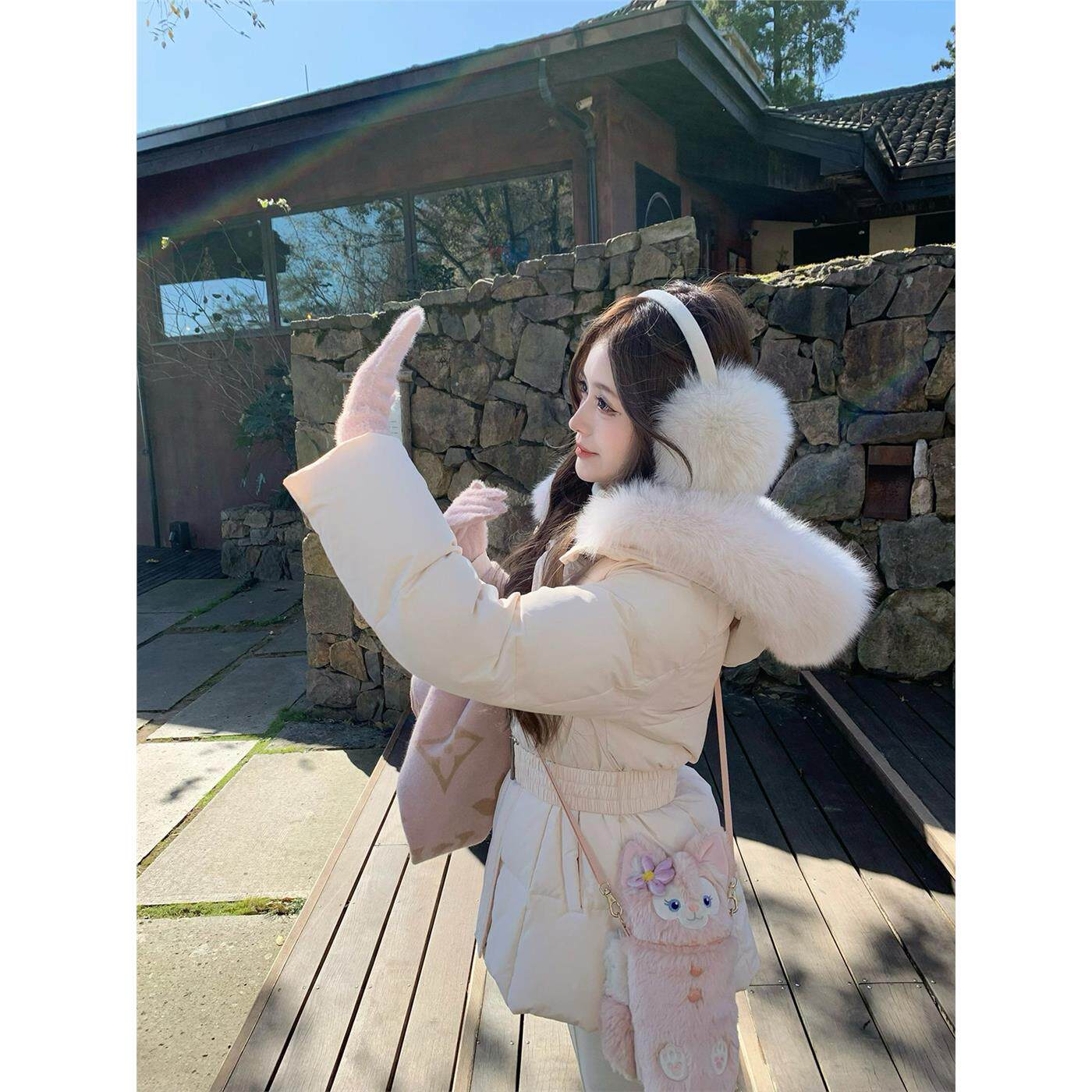 韩女封神连帽真狐狸毛领9