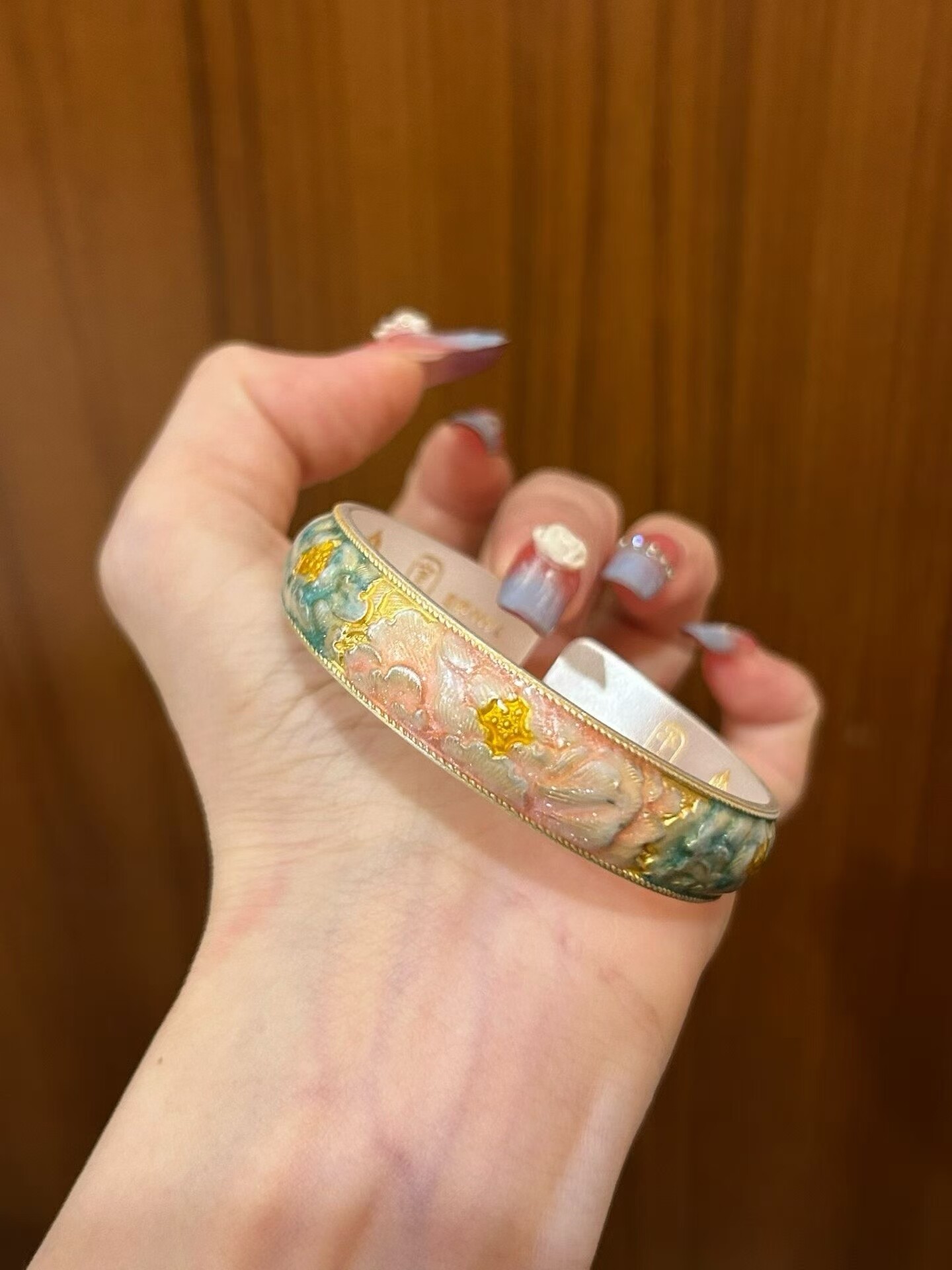 珐琅彩牡丹花手镯个性女款百搭古法开口手环