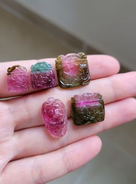 包邮天然西瓜碧玺宝宝锁长命锁雕刻件手链吊坠双色碧玺