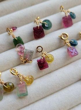 天然碧玺方牌手链吊坠西瓜碧玺万能扣  小迷你款