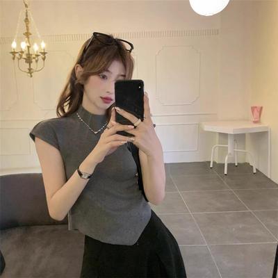 不规则短款设计感短袖针织衫女2025夏季新款修身显瘦半高领打底衫