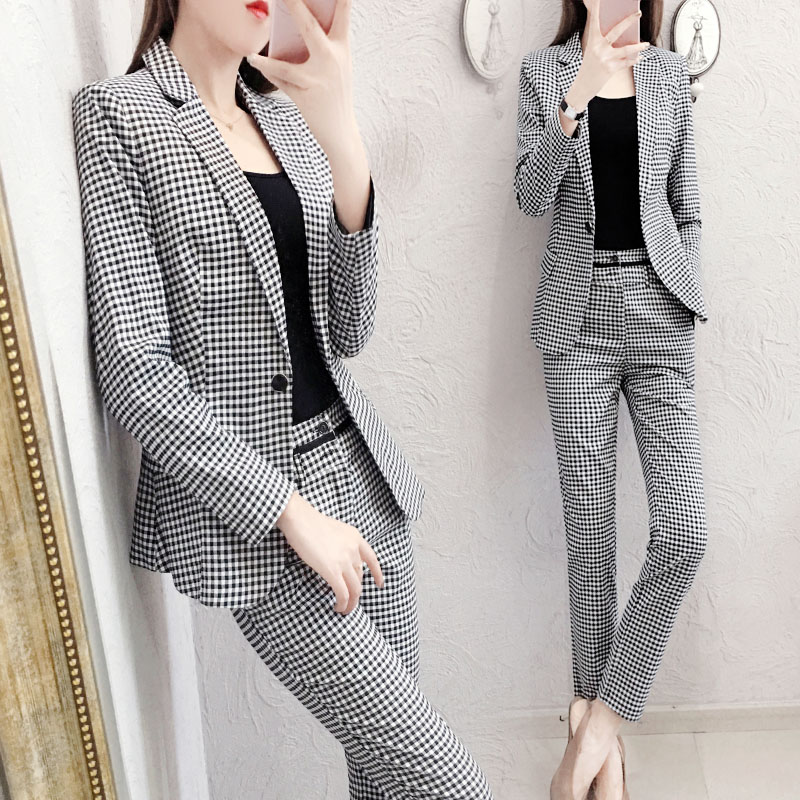 32021春秋新款职业西装套装女韩版时尚气质格子修身小西服两件套潮