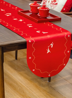 结婚桌旗茶几婚礼餐桌茶桌喜庆茶台布艺长条喜字丝绸红色茶桌桌布