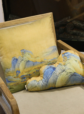 宫廷风文创千里江山图靠山枕靠垫办公室茶室抱枕新中式风水靠背套