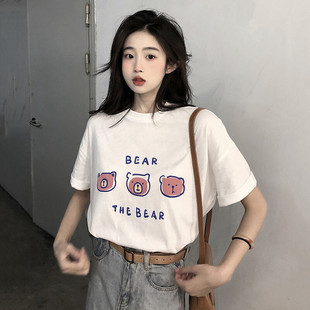 宽松百搭超火中长款 白色短袖 韩版 t恤女2025夏季 小熊印花上衣 新款