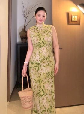 秋辞香~池南春水  明艳美人玫瑰花港风斜襟无袖旗袍连衣裙