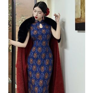 复古水滴秋冬 港工异域风情弹力气质旗袍无袖 秋辞香 宝蓝夫人