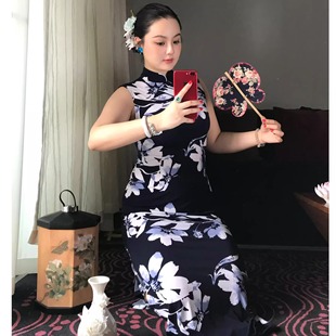秋辞香~青花 古典弹力款无袖显瘦长款花花旗袍连衣裙夏季
