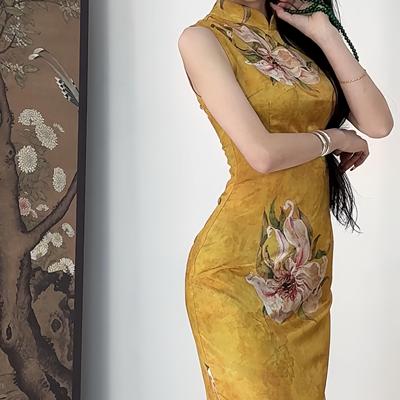 秋辞香~青梅酒无袖提花缎面中长款旗袍连衣裙