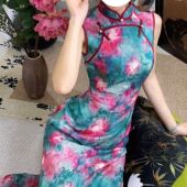 中国风 港工提花优雅缎面气质复古港风旗袍无袖 秋辞香 芍药牡丹