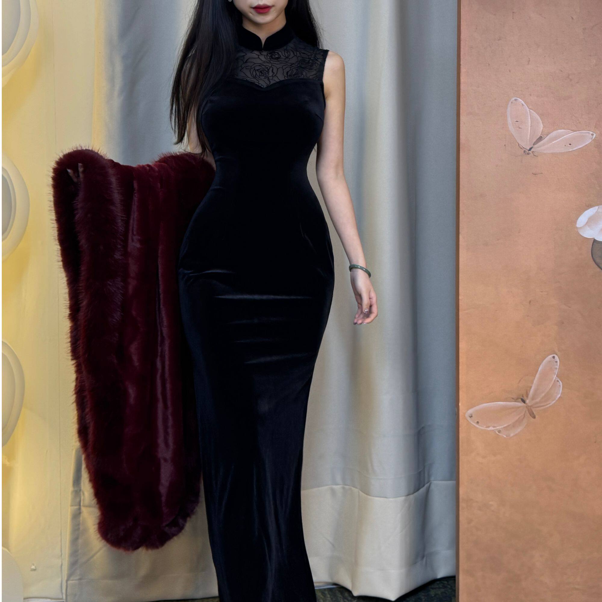 秋辞香~黑天鹅 弹力黑色丝绒无袖国风蕾丝拼接新中式改良旗袍