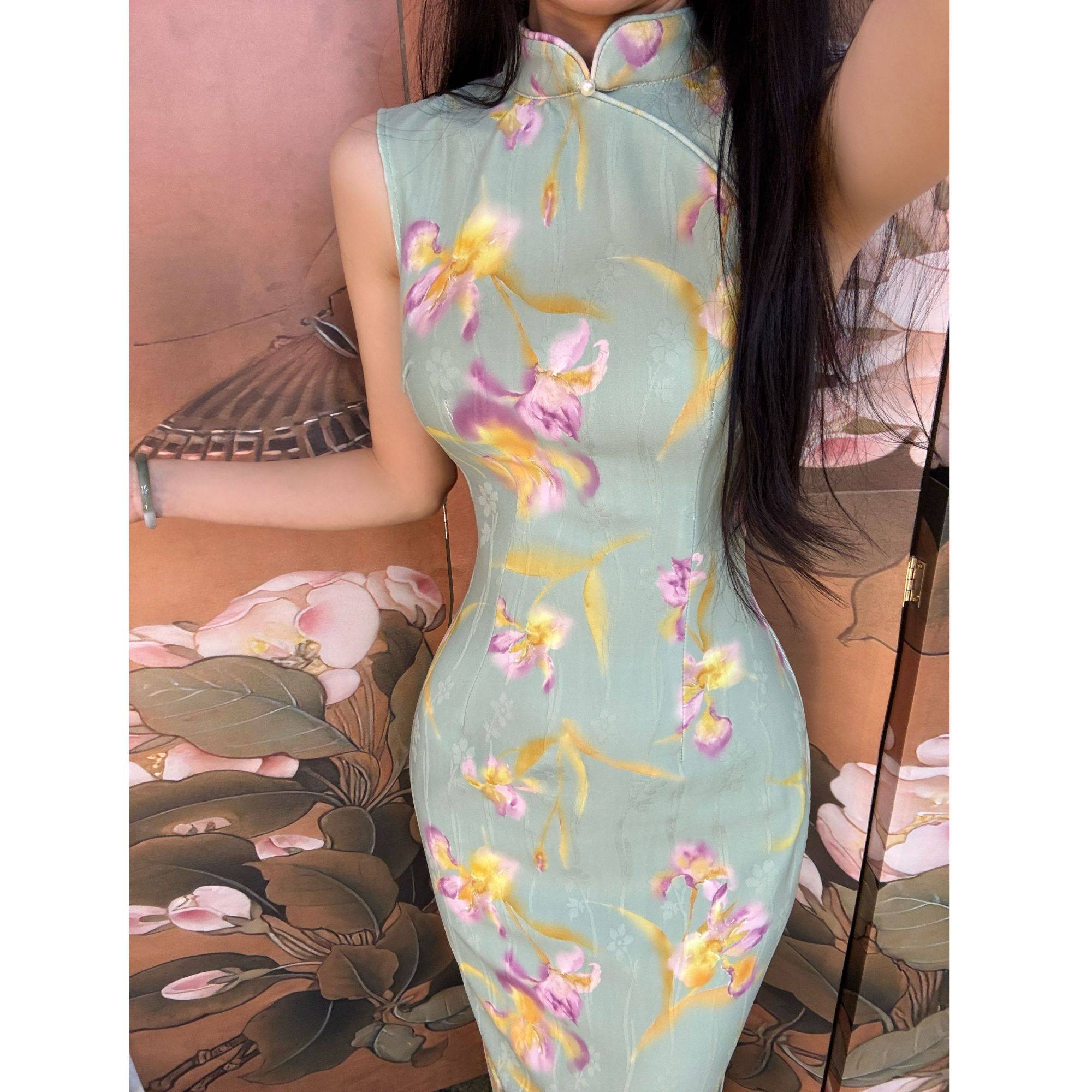秋辞香~春涧兰 无袖绿色显瘦少女清新国风修身新中式改良旗袍