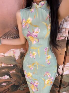 秋辞香~春涧兰 无袖绿色显瘦少女清新国风修身新中式改良旗袍