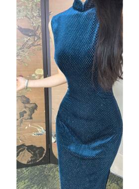 秋辞香~人鱼之泪   弹力蓝色丝绒无袖国风新中式改良旗袍
