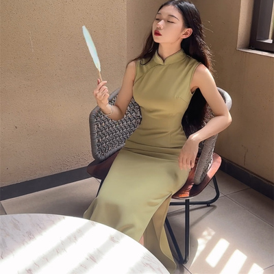 秋辞香~绿意 夏季复古无袖修身国风系显白长款旗袍连衣裙