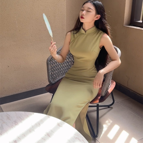 秋辞香~绿意 夏季复古无袖修身国风系显白长款旗袍连衣裙
