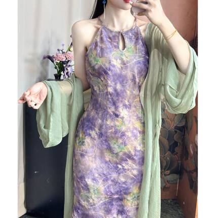 秋辞香~花间粉黛 斜裁挂脖新中式国风改良旗袍连衣裙