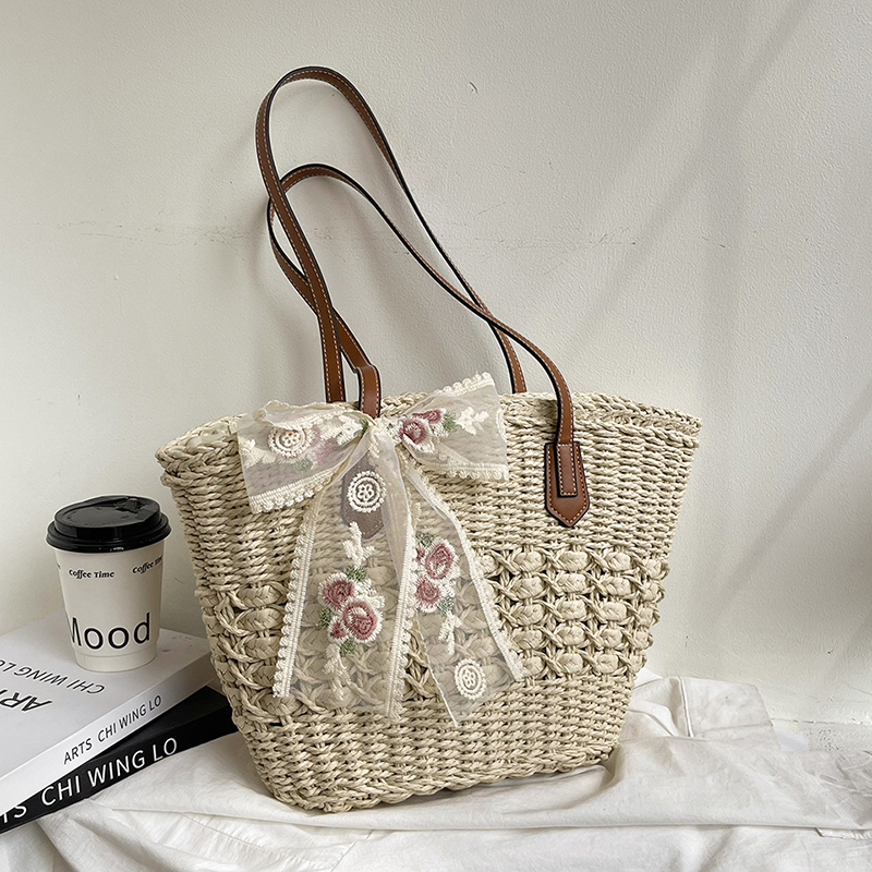 夏季草编包女大容量单肩托特包海边度假沙滩包蝴蝶结装饰