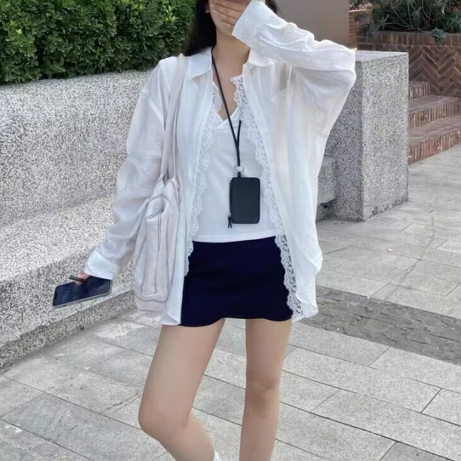 大牌同款松弛感relax花边宽松长袖防晒衬衫女夏空调衫小众白上衣
