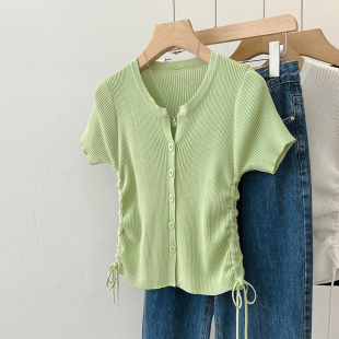 十三行夏装短袖针织衫V领女夏新款设计感小众小个子修身短款抽绳