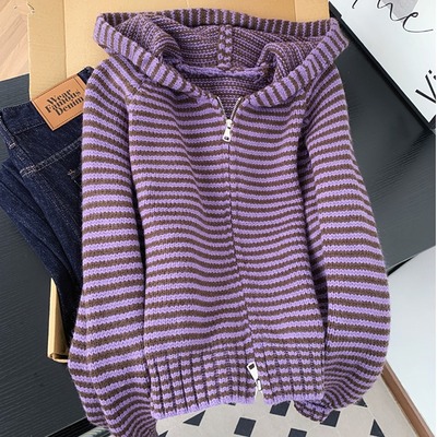 紫色条纹连帽毛衣外套女开衫秋冬韩系软糯百搭针织衫上衣加厚短款