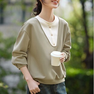 假两件卫衣女士初秋季外穿外套冬款宽松慵懒风美式配阔腿裤的上衣