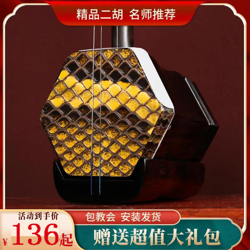 蟒蛇皮二胡民族乐器成人通用初学者入门练习专业正品胡琴手工制