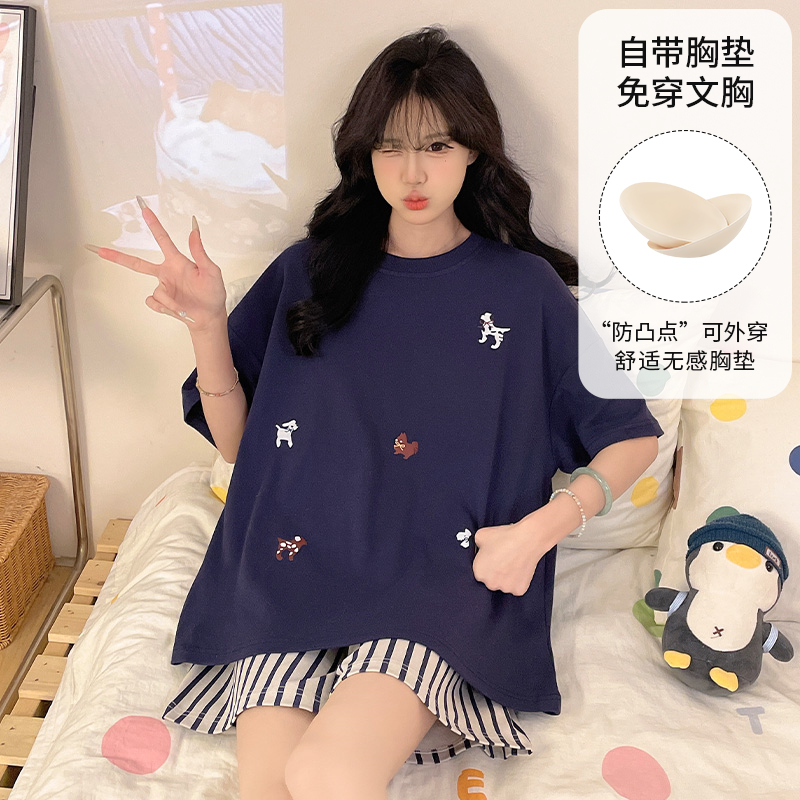 睡衣女孩大童夏季棉质薄款12带胸垫短袖短裤13高初中学生15岁套装