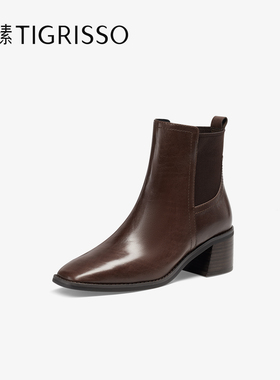 Tigrisso蝶愫2025冬蹀愫增高一脚蹬牛皮切尔西短靴女靴TA65733-51