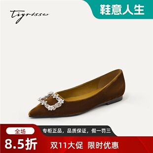 Tigrisso蹀愫2026秋蝶愫新复古丝绒钻扣晚宴婚鞋平底鞋T76512A-02